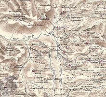 Ain Shems (today known as Tel Beit Shemesh) in the PEF Survey of Palestine c.1880. The pink circles are contemporary villages, and the dotted clear circles are ruins. Ain Shems (today known as Tel Beit Shemesh) in the Survey of Western Palestine 1880.17 (cropped).jpg