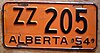 Alberta 1954 Kennzeichen - Nummer ZZ205.jpg