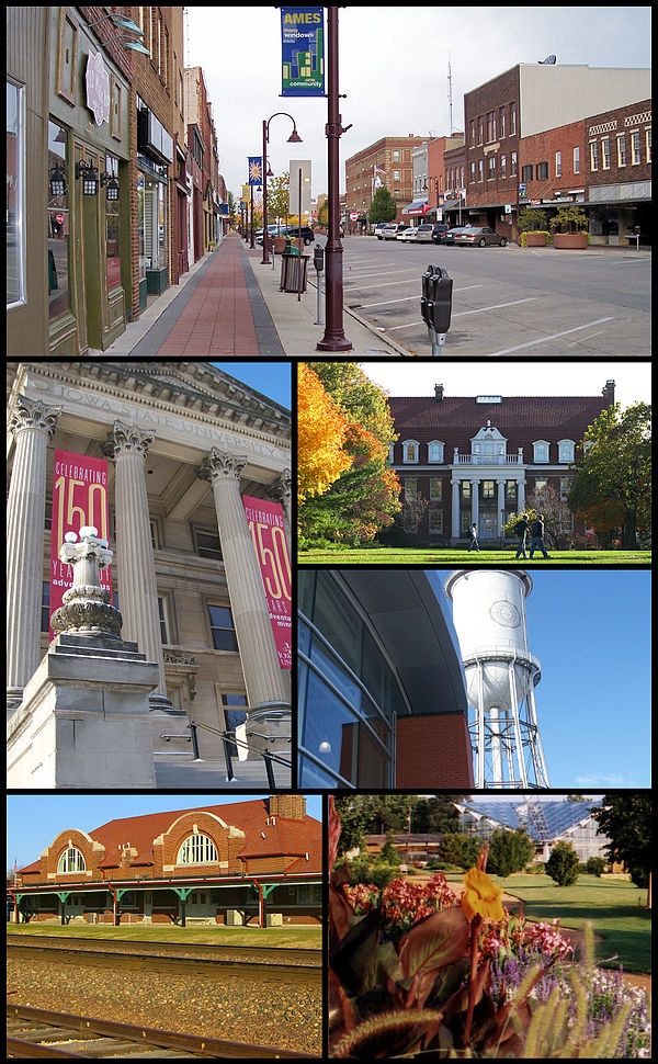 Clockwise from top: Main Street in downtown Ames, Iowa State University Alumni Hall, Marston Water Tower and Hoover Hall at ISU, Reiman Gardens, a tra
