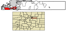 Arapahoe County Colorado Sisällytetyt ja rekisteröimättömät alueet Centennial Highlighted 0812815.svg