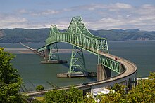 The Astoria-Megler Bridge carries US 101 over the Columbia River north of Astoria, Oregon. Astoria - Megler Bridge in 2009.jpg