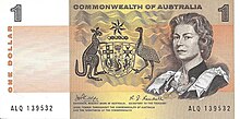 Australian one-dollar banknote, 1968, featuring a profile of the then Queen Elizabeth II on the obverse Australian $1 - original series - obverse.jpg