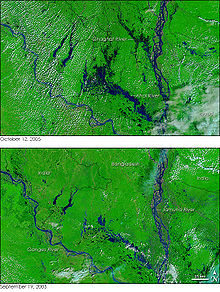 Dozens of villages were inundated when rain pushed the rivers of northwestern Bangladesh over their banks in early October 2005. The Moderate Resolution Imaging Spectroradiometer (MODIS) on NASA's Terra satellite captured the top image of the flooded Ghaghat and Atrai Rivers on October 12, 2005. The deep blue of the rivers is spread across the countryside in the flood image. BDF0.jpg