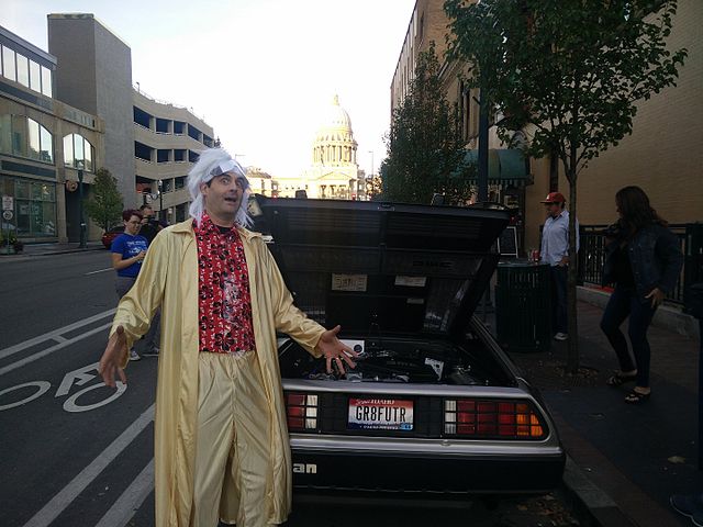 An Emmett Brown cosplayer at a "Back to the Future Day" screening in Boise, Idaho, 2015