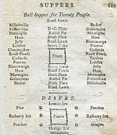 Table layout for "Ball Supper for Twenty People". Many of the dishes are repeated on either side of the table. The central frame is assembled using letters in ASCII art style. Ball Supper for Twenty People Henderson Housekeepers Instructor 1807.jpg