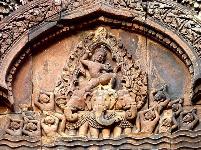Banteay Srei temple's pediment carvings depict Indra mounted on Airavata, Cambodia, c. 10th century.