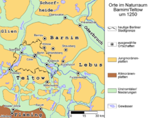 Main settlements in Barnim in 1250. The dashed line indicates the extent of modern-day Berlin. Barnimteltow um 1250.png