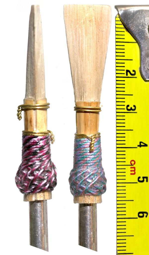 Bassoon reeds are usually around 5.5 cm (2.2 in) in length and wrapped in thread.