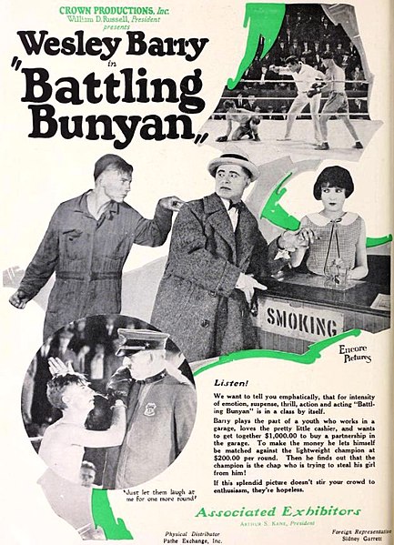  Advertisement for the American sports comedy film Battling Bunyan (1924) with Wesley Barry, John Ralesco, and Molly Malone, from the insert after page 34 of the January 3, 1925 The Moving Picture World.