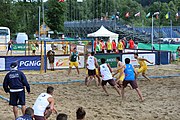 Deutsch: Beachhandball Europameisterschaften 2019 (Beach handball Euro); Tag 1: 2. Juli 2019 – Männer, Vorrunde Gruppe C, Italien-Nordmazedonien 2:1 (12:18, 22:13, 7:6) English: Beach handball Euro; Day 1: 2 July 2019 – Men Preliminary Round Group C – Italy-North Mecedonia 2:1 (12:18, 22:13, 7:6)