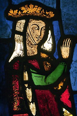 Stained-glass window depicting Beatrice of Falkenburg (died 1277) as benefactress to the Franciscans, is the earliest surviving stained-glass donor portrait (Burrell Collection).