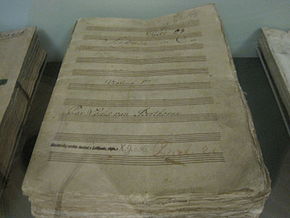 The hand-copied parts used for the premiere of Beethoven's Fifth Symphony. They include corrections hand-entered by the composer, and are on display in the Lobkowitz family museum in Prague. BeethovenFifthSymphonyParts.jpg