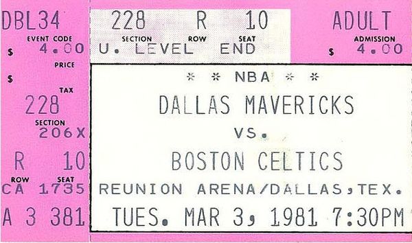 A ticket for a March 1981 game between the Boston Celtics and the Dallas Mavericks.