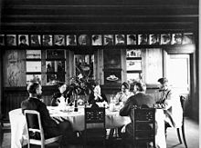 Dining room in Brondums Hotel (ca. 1891) showing some of the group and the panel of their portraits Brondums Hotel 1891-92.jpg