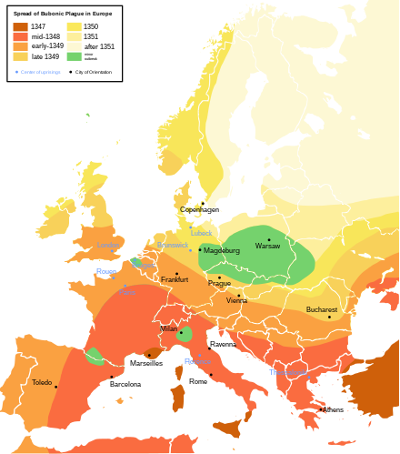 The spread of the "Black Death" from 1347 to 1351 through Europe