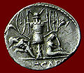 Tropaeum on Roman coin 46-45 BC with male on the left and female on the right