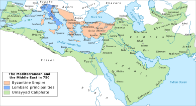 A map of the Middle East and Mediterranean Basin showing the empires and states around 740