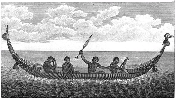 Engraving of a canoe with raised prow and stern, carrying four men with pointed paddles