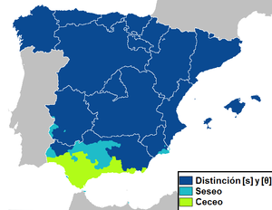 En el mapa pueden verse a grandes rasgos las zonas de Andalucía ceceantes, seseantes y distinguidoras.