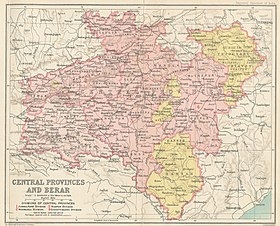 Map of the Central Provinces and Berar in 1909 showing the districts, divisions, and Bastar princely state under the authority of the province, as well as the 1905 changes to the eastern boundary. Central Provs 1909.jpg