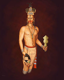 Illustration of a warrior holding a ceremonial flint mace or war club and a severed head Chromesun mississippian priest digital painting.jpg