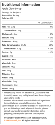 Cider syrup full nutrition list