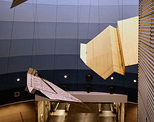 Hopkins Airport's giant "paper" airplane sculptures, located in the underground walkway between Concourses C and D (now closed to the public). Cleveland-airport-plane-sculptures.jpg