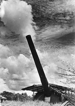 Artillery gun against sky backdrop