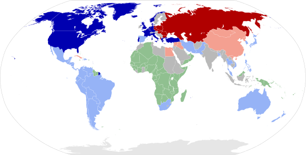 Spheres of influence between the Western world and the Soviet Union during the Cold War.