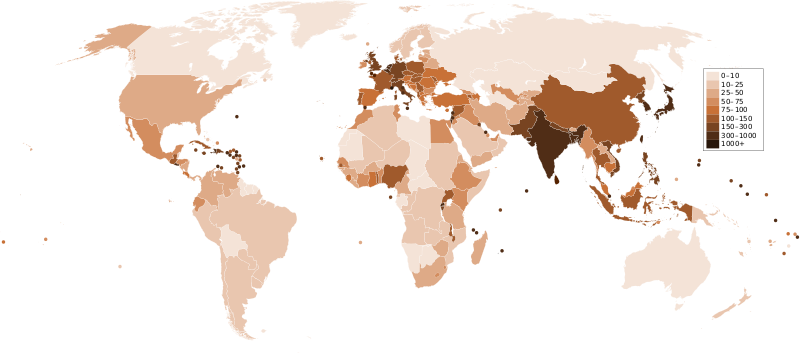 Densité de population humaine en 2006, pays par pays.