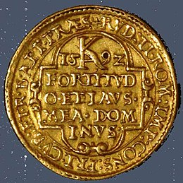 Gold jeton, Popel of Lobkowicz by Engelhart, Prague 1592, O 24 millimetres (0.94 in) Cristoph lobkowicz counter rv.jpg