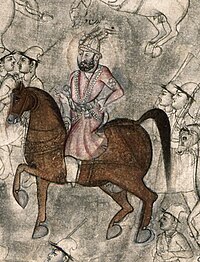 Detail of Ahmad Shah Abdali on horseback from a larger Faizabad-style painting of the Third Battle of Panipat, Mughal, ca.1761-1770.jpg