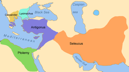 De verdeling van het rijk van Alexander de Grote onder de diadochen in 311 v.Chr. Ptolemeus kreeg een gebied met Egypte als kernland.