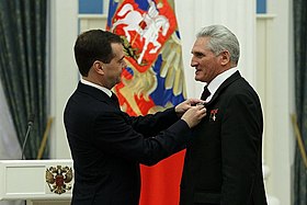 Russian president Dmitri Medvedev awards Volynov with the Order of Friendship on 12 April 2011 (Cosmonautics Day)