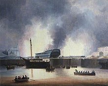 The Fire on the morning of 27 September, which destroyed Talavera and Imogene threatened to destroy Devonport dockyard Dockyard Fire, 1840, by Thomas Lyde Hornbrook LLR NELMS A 141-001.jpg