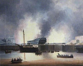 The Fire on the morning of 27 September, which destroyed Talavera and threatened to destroy Devonport dockyard Dockyard Fire, 1840, by Thomas Lyde Hornbrook LLR NELMS A 141-001.jpg