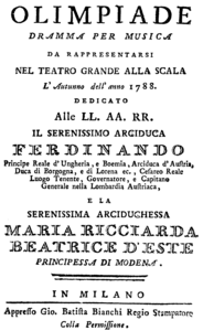 Domenico Cimarosa - Olimpiade - pagina de titlu a libretului - Mailand 1788.png