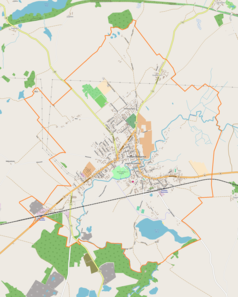 Mapa konturowa Drawska Pomorskiego, blisko centrum po prawej na dole znajduje się punkt z opisem „Parafia pw. Świętego Pawła Apostoła w Drawsku Pomorskim”