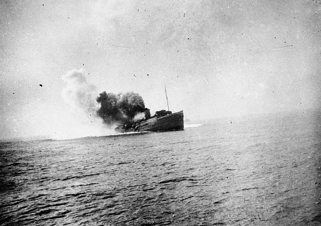 Mona's Queen (III) pictured shortly after she struck a mine on the approach to Dunkirk, 29 May 1940.