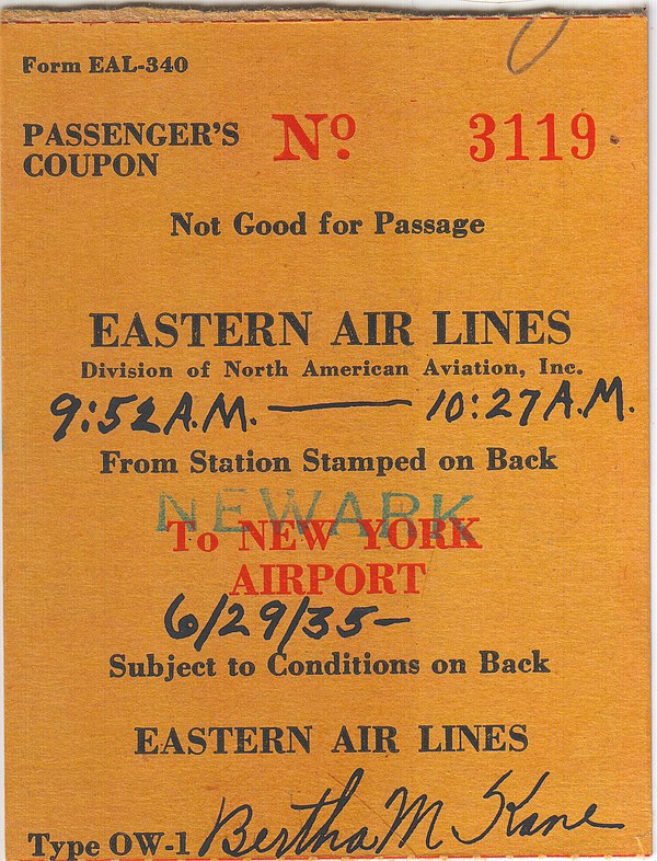 An Eastern Air Lines passenger coupon in 1935