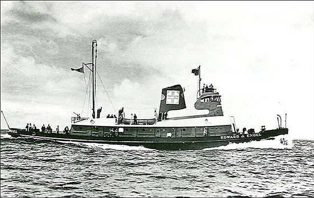 The Edward J. Engel just after she was built in 1945 undergoing her sea trials. Note the fire monitor astern.