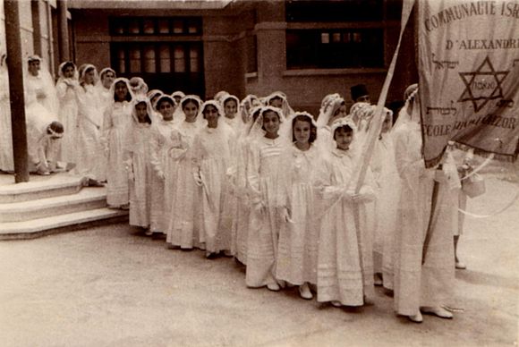 Jewish girls from Alexandria in 1955 for their Confirmation service, a ritual similar to a Bat Mitzvah