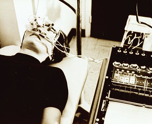 A historical photo of a patient undergoing an electroretinogram. Electroretinogram.jpg