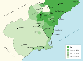 À la suite de la Reconquista le valencien était présent bien plus au sud qu'aujourd'hui, en situation de bilingüisme avec le castillan, avant que le premier ne recule jusqu'au limites actuelles.