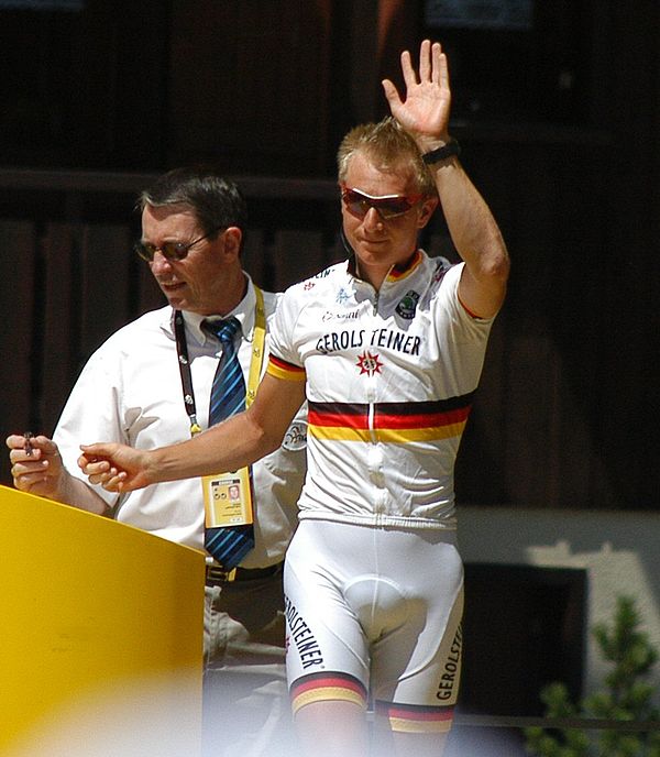 Fabian Wegmann (pictured at the 2007 Tour de France) is one of seven cyclists to have won three championships (in 2007, 2008, and 2012).