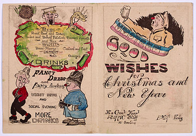 Menu inside a Christmas Card from the Royal Army Medical Corps at No. 11 General Hospital - a part of the British Expeditionary Force in Italy, 1918