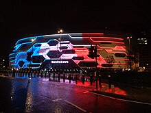 First Direct Arena in Leeds lit up in French tricolours after the attacks. First Direct Arena, Leeds in the colours of the French Tricolor following the November 2015 Paris attacks (14th November 2015) 002.JPG