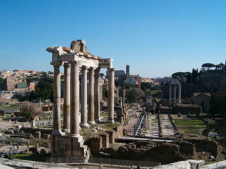The Temple of Saturn, a religious monument that housed the treasury in ancient Rome