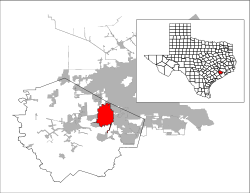 テキサス州におけるフォートベンド郡の位置（右上図）と同郡におけるシュガーランドの位置