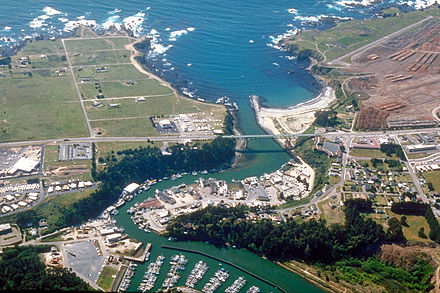Aerial view of the mouth of the Noyo River on the Pacific Ocean at Fort Bragg